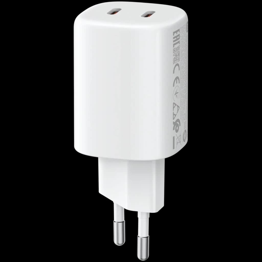 Carregador compacto branco 45W com 2 portas USB-C e pinos europeus, design minimalista e acabamento brilhante, ideal para carregamento rápido portátil
