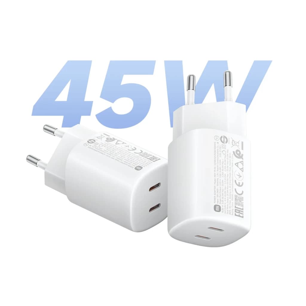 Xiaomi 45W Nano Turbo Carregador 2-portas, compacto em branco, duas saídas USB-C, pinos europeus, design minimalista e potência destacada 45W ao fundo