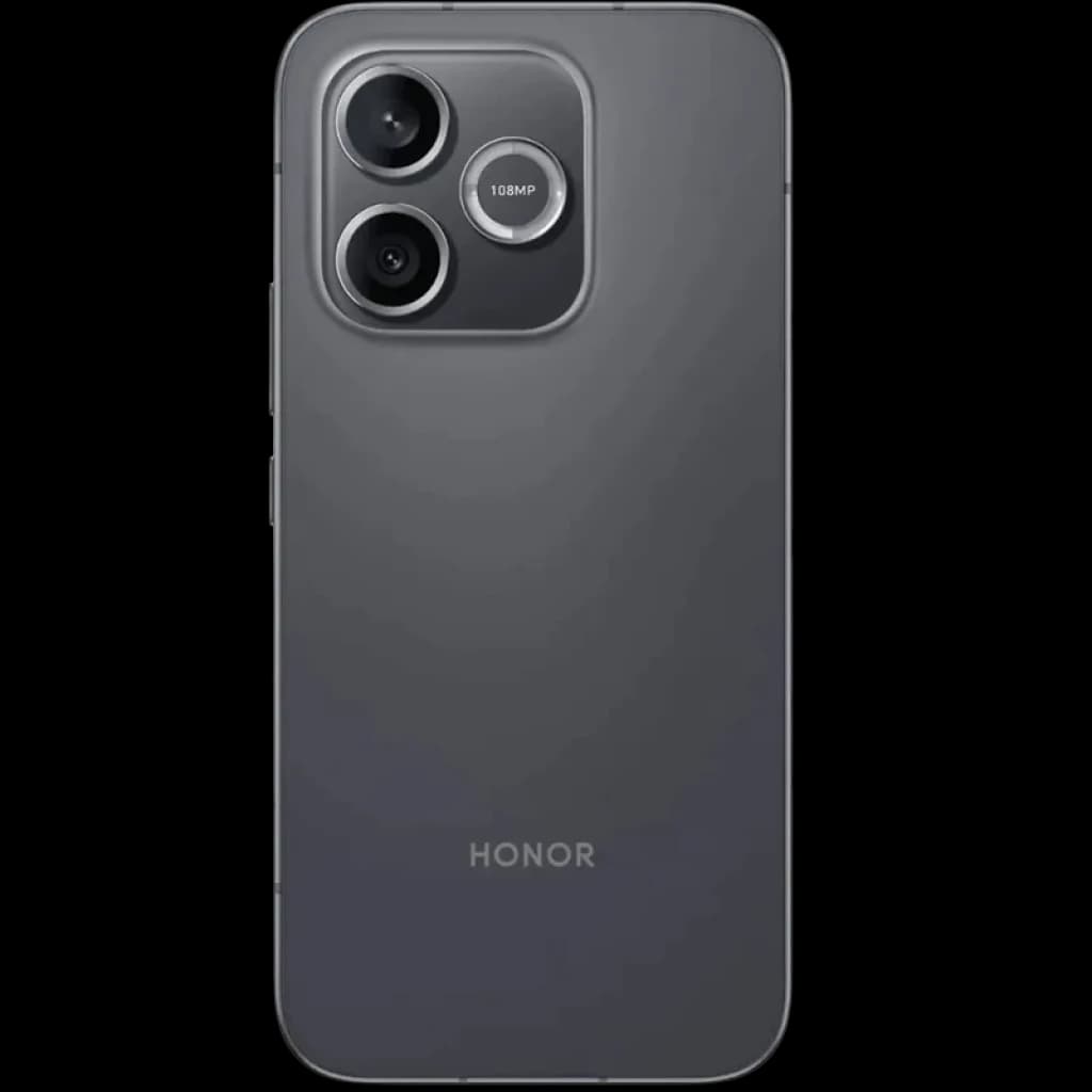 Honor 600 Lite 5G noir avec dos mat élégant, module photo double proéminent et anneau 108 MP, finitions épurées et logo discret HONOR en bas