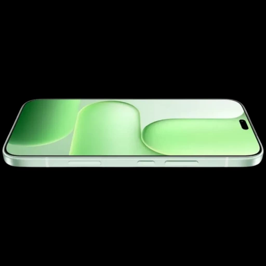 Smartphone verde claro com tela plana ampla, bordas retas e câmera frontal em furo duplo. Acabamento elegante e perfil fino, botões laterais visíveis.