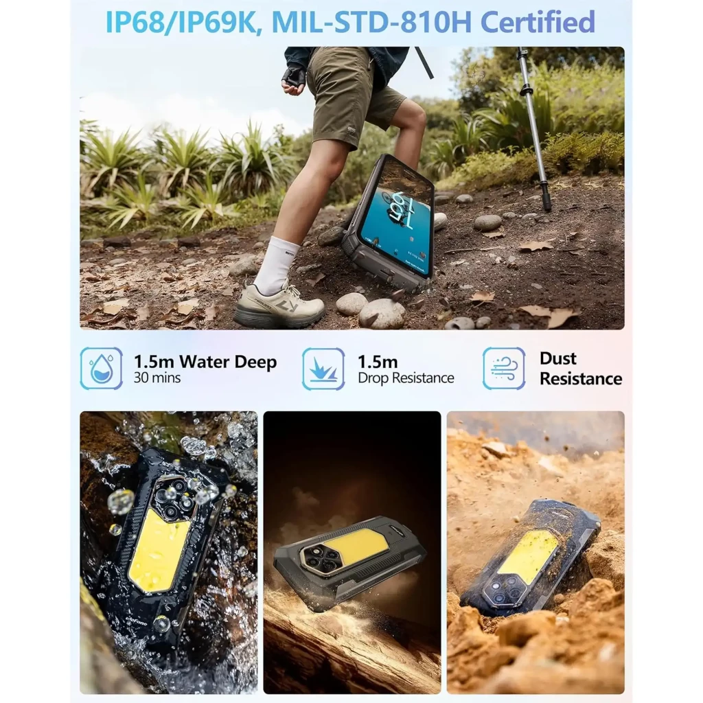 Ulefone RugKing 5 Pro negro robusto con carcasa reforzada, triple cámara trasera con flash potente, pantalla mostrando 20000 mAh y 16GB+256GB - Ítem1