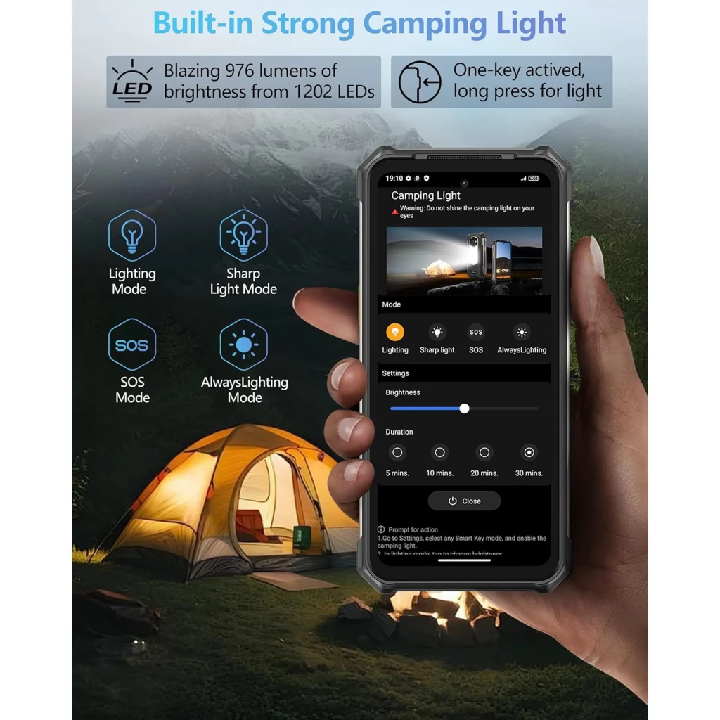 Ulefone RugKing 5 Pro negro robusto con carcasa reforzada, triple cámara trasera con flash potente, pantalla mostrando 20000 mAh y 16GB+256GB - Ítem4