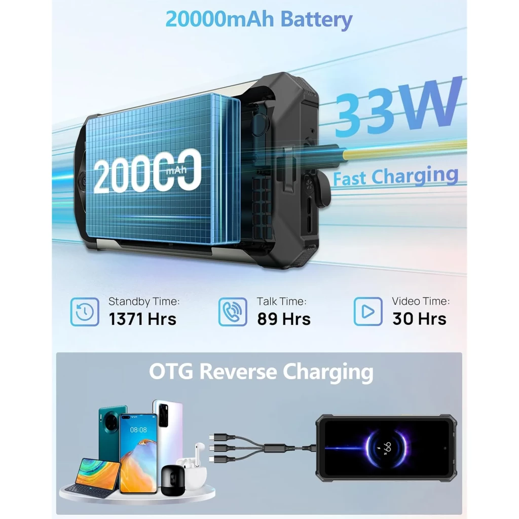 Ulefone RugKing 5 Pro negro robusto con carcasa reforzada, triple cámara trasera con flash potente, pantalla mostrando 20000 mAh y 16GB+256GB - Ítem6