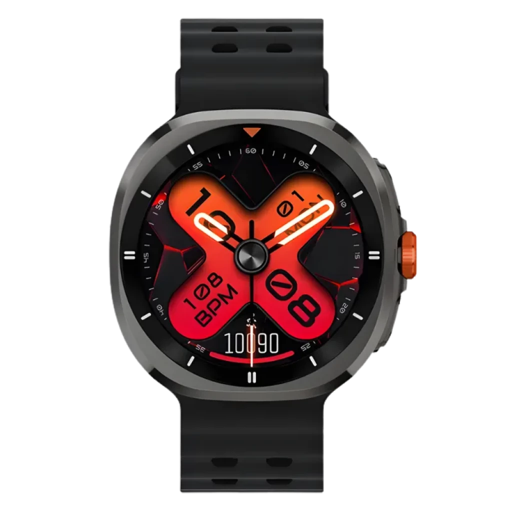 Haylou Vibe con pantalla AMOLED 1,43 pulgadas, bisel metálico, corona naranja, correa negra perforada y esfera deportiva con múltiples subesferas - Ítem1