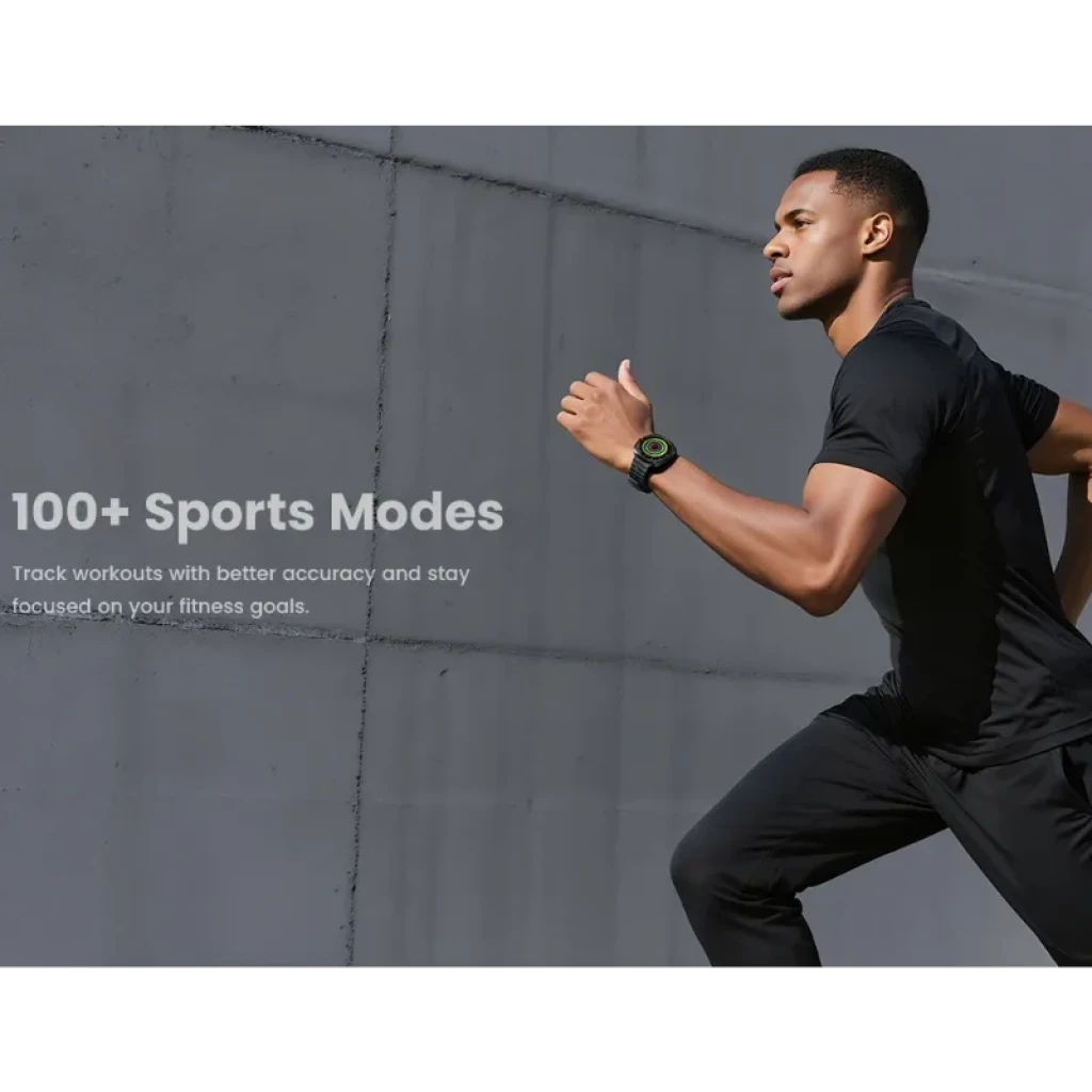 Haylou Vibe con pantalla AMOLED 1,43 pulgadas, bisel metálico, corona naranja, correa negra perforada y esfera deportiva con múltiples subesferas - Ítem5