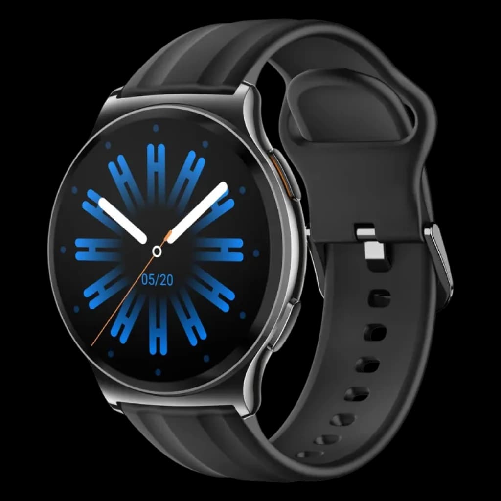 Montre noire au boîtier rond argenté, écran AMOLED 1,43 pouces affichage bleu, bracelet silicone noir avec boucle, design fin et sportif 1 ATM