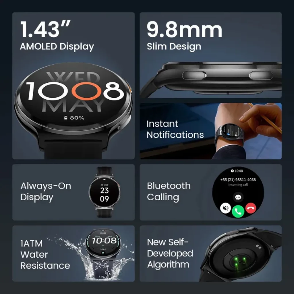 Haylou Solar Lite 2 Prata com ecrã AMOLED 1,43 pol, caixa metálica prateada e bracelete de silicone preta; mostrador circular com ponteiros brancos e azul - Item1