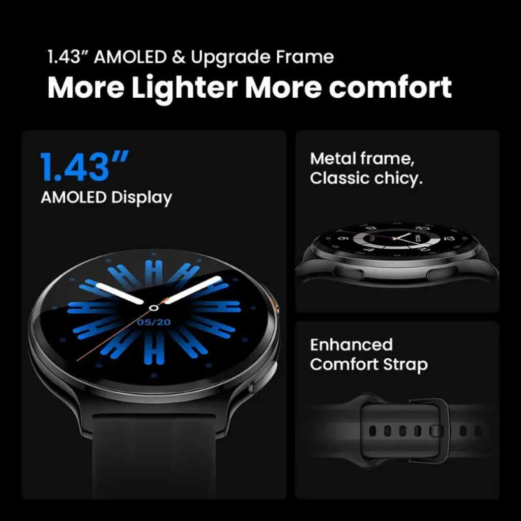 Haylou Solar Lite 2 Prata com ecrã AMOLED 1,43 pol, caixa metálica prateada e bracelete de silicone preta; mostrador circular com ponteiros brancos e azul - Item2