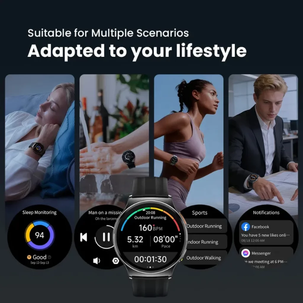 Haylou Solar Lite 2 Prata com ecrã AMOLED 1,43 pol, caixa metálica prateada e bracelete de silicone preta; mostrador circular com ponteiros brancos e azul - Item4