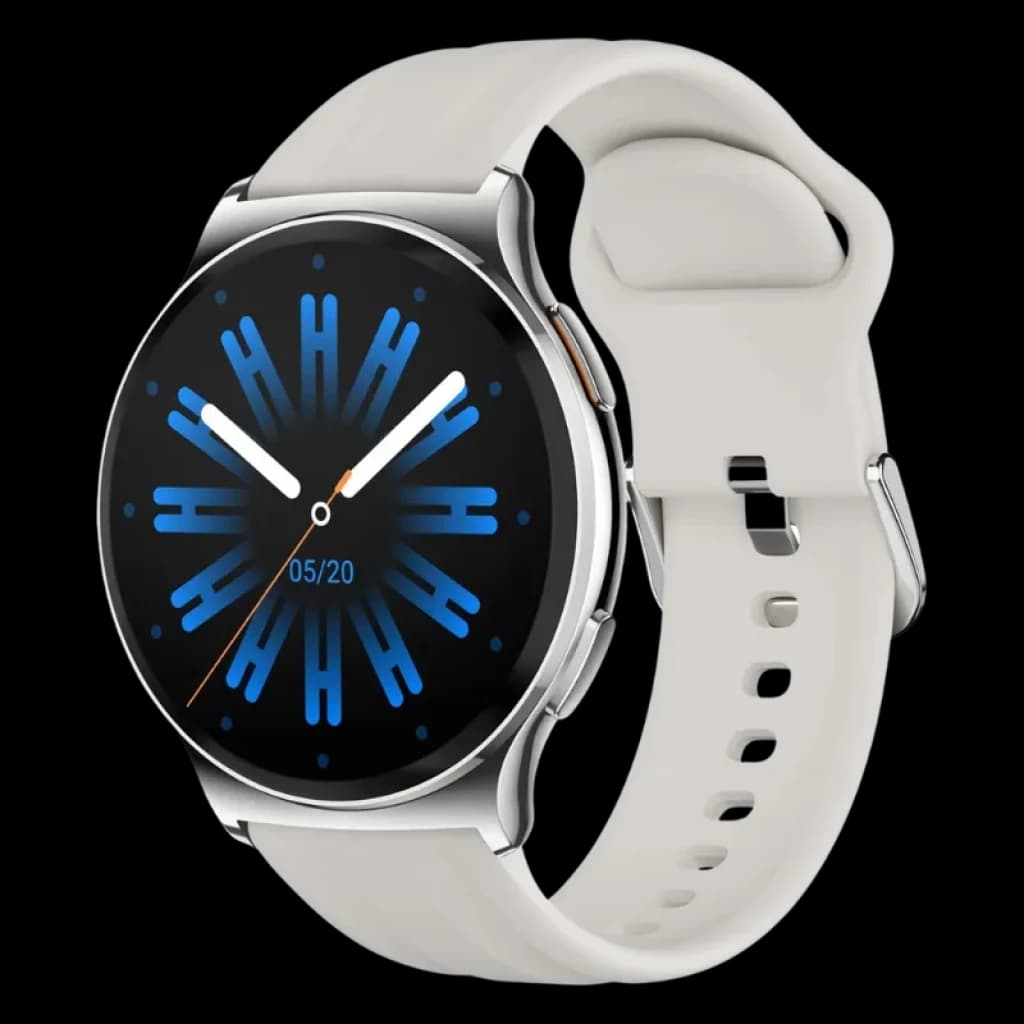 Montre argent au boîtier rond argenté, écran AMOLED 1,43 pouces affichage bleu, bracelet silicone noir avec boucle, design fin et sportif 1 ATM