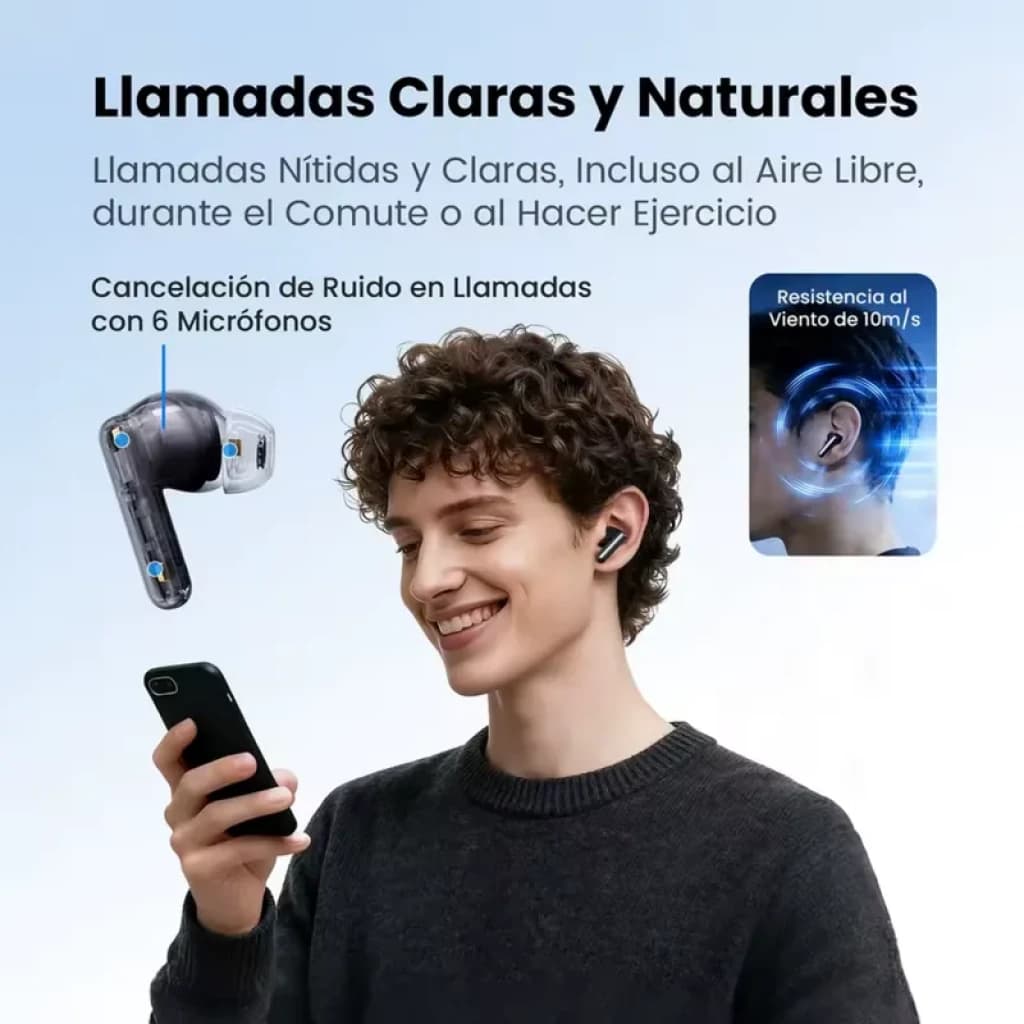 Haylou Flowbuds N55 blancos con diseño intraauricular, vástago corto y estuche transparente; micrófonos múltiples para llamadas claras y ajuste cómodo en