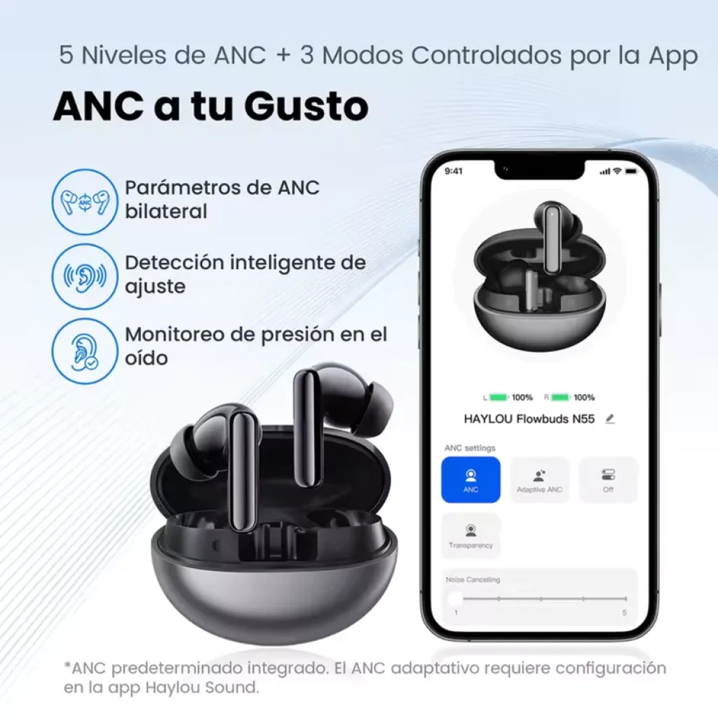 Haylou Flowbuds N55 Noir, ANC adaptatif, 54 dB, audio haute résolution LDAC - Écouteurs sans fil - Ítem2