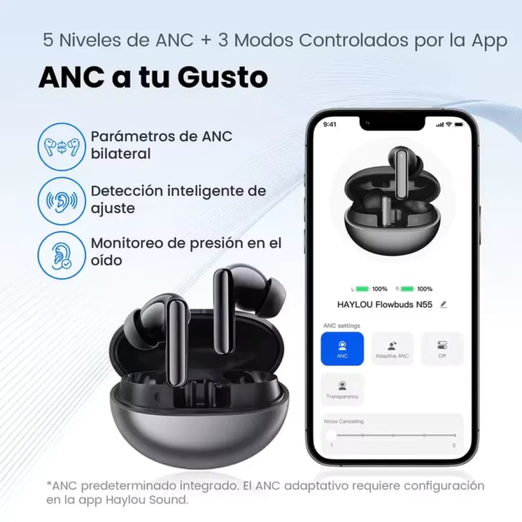 Auriculares Haylou Flowbuds N55 blancos con estuche redondeado, diseño in-ear con tallo, indicador LED y app en smartphone mostrando controles ANC y ajustes