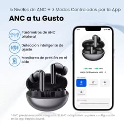 Auriculares Haylou Flowbuds N55 blancos con estuche redondeado, diseño in-ear con tallo, indicador LED y app en smartphone mostrando controles ANC y ajustes