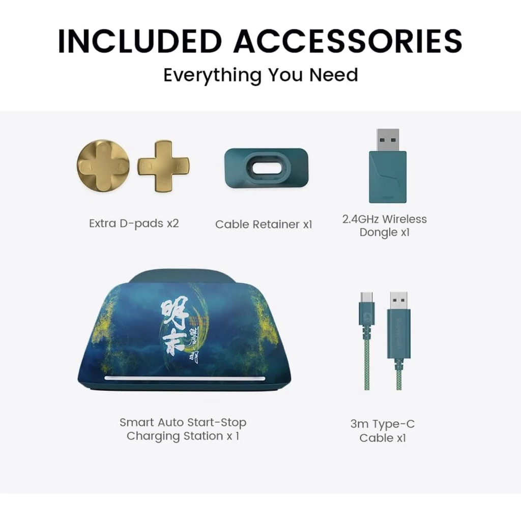 GameSir G7 Pro Wuchan Edition con Estación de carga: mando azul con arte dorado, botones ABXY negros dorados, stick y D-pad dorados, base con caligrafía - Ítem8