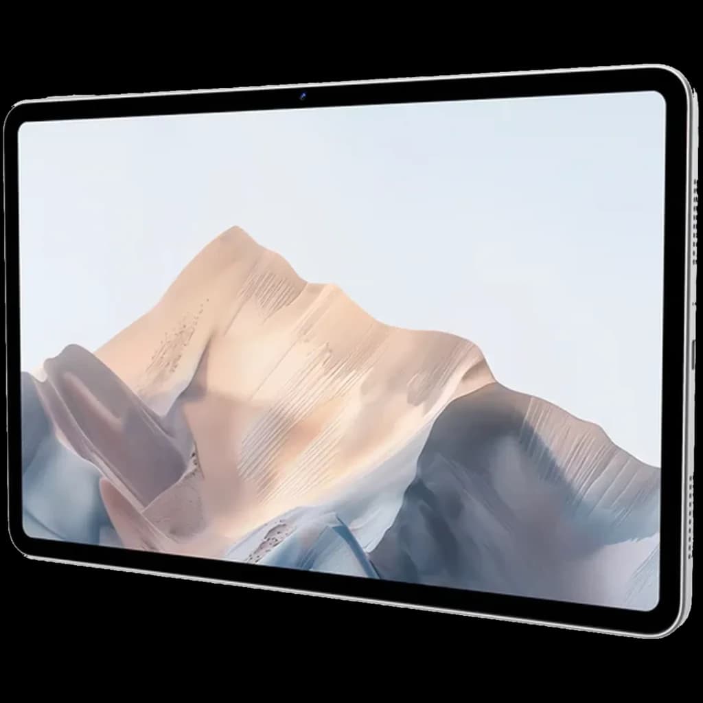 Nubia Pad Pro 10,9 Argent avec grand écran bord à bord, bords arrondis et cadre fin argenté, webcam centrée en haut, image de montagne pastel lumineuse