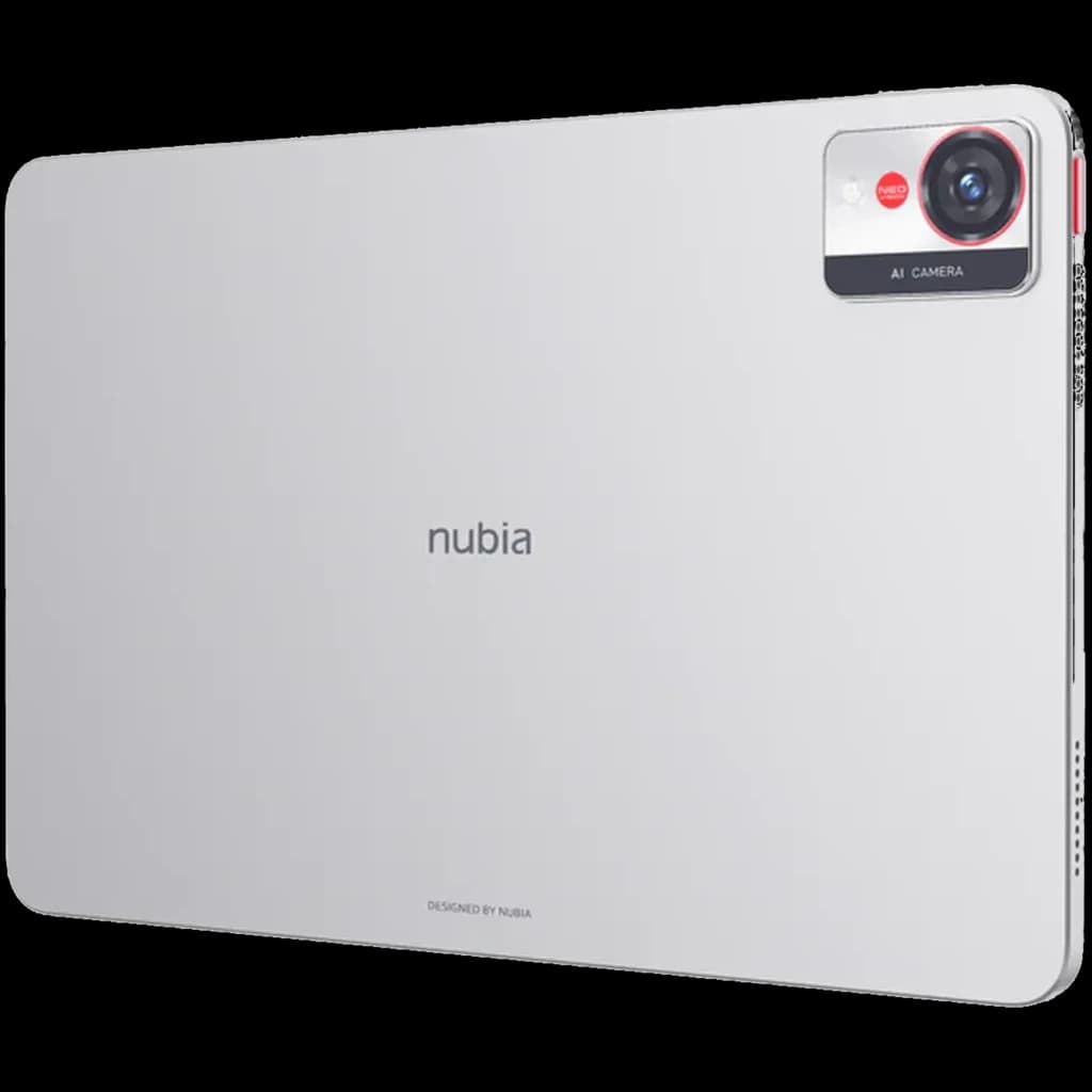 Nubia Pad Pro 10.9 Plata con cuerpo metálico plata, cámara trasera grande con aro rojo y módulo AI, bordes rectos y altavoces laterales