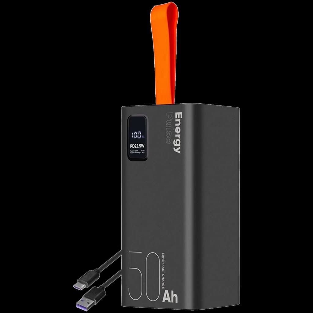 OBAL ME EnergyPulse Noir batterie externe 50000 mAh 22,5 W boîtier noir mat écran LED indicateur de charge sangle orange câbles USB inclus