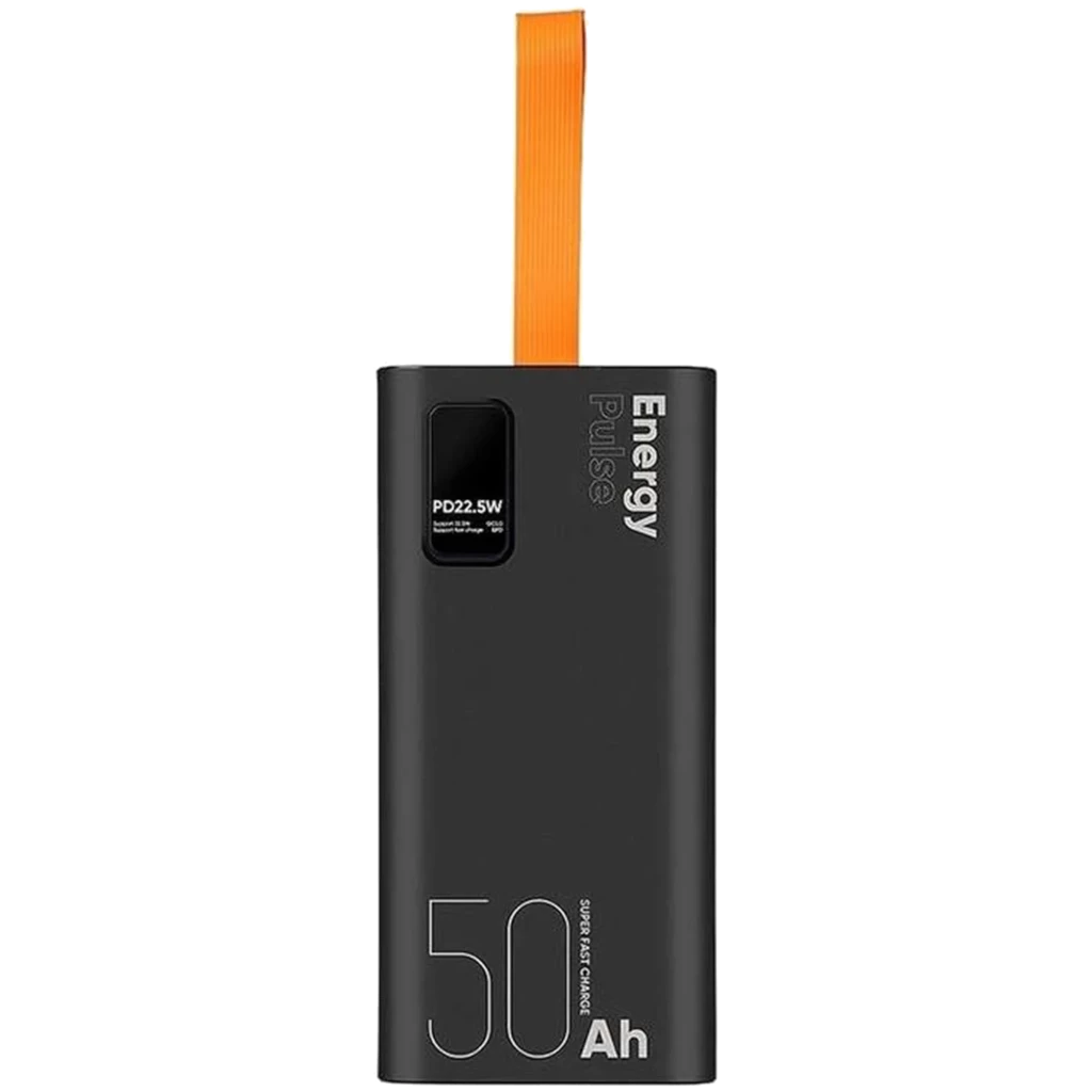OBAL ME EnergyPulse Negro powerbank 50000mAh 22.5W con pantalla LED, correa naranja, puertos múltiples y diseño compacto con marca 50Ah visible - Ítem1
