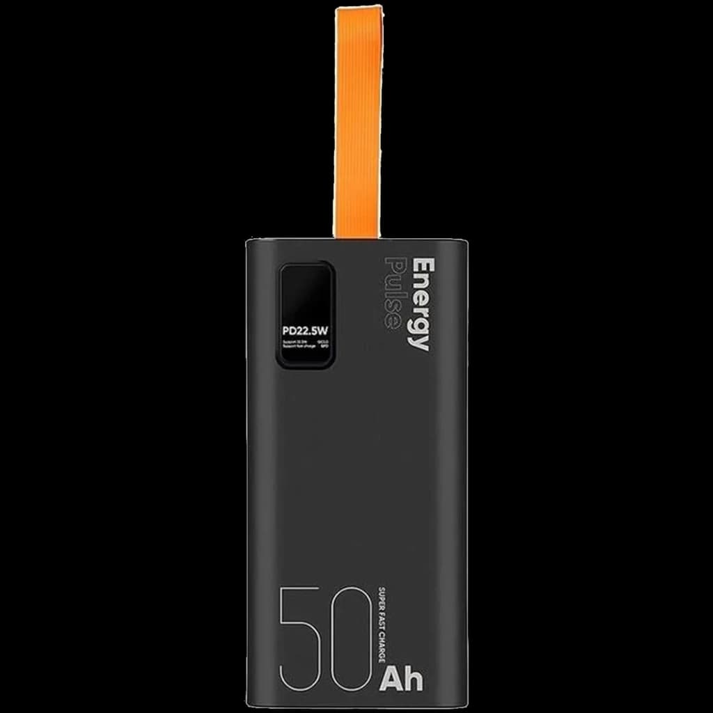 OBAL ME EnergyPulse Noir, batterie externe 50000 mAh 22,5 W avec sangle orange, affichage PD 22,5 W, boîtier noir mat compact et élégant