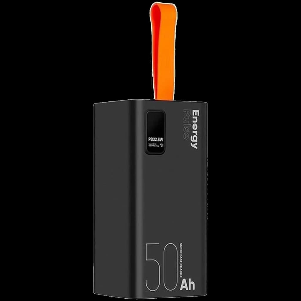 OBAL : ME EnergyPulse Noir, power bank noir compact avec écran PD 22,5 W, capacité 50 000 mAh, bords arrondis et sangle orange pour transport facile