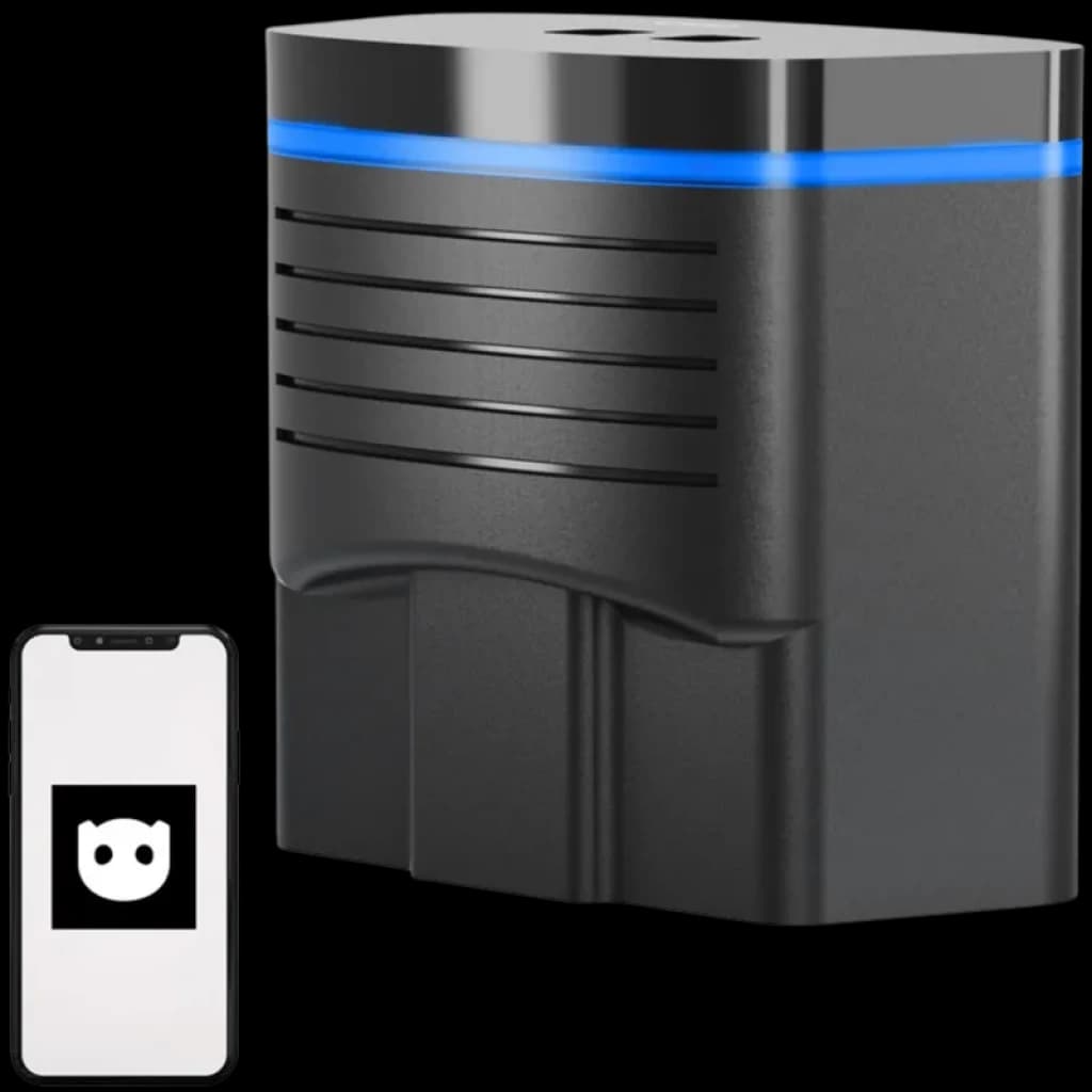 Scanner OBD2 compact noir avec LED bleue, rainures antidérapantes et prise OBD robuste, montré à côté dun smartphone affichant lapplication dédiée