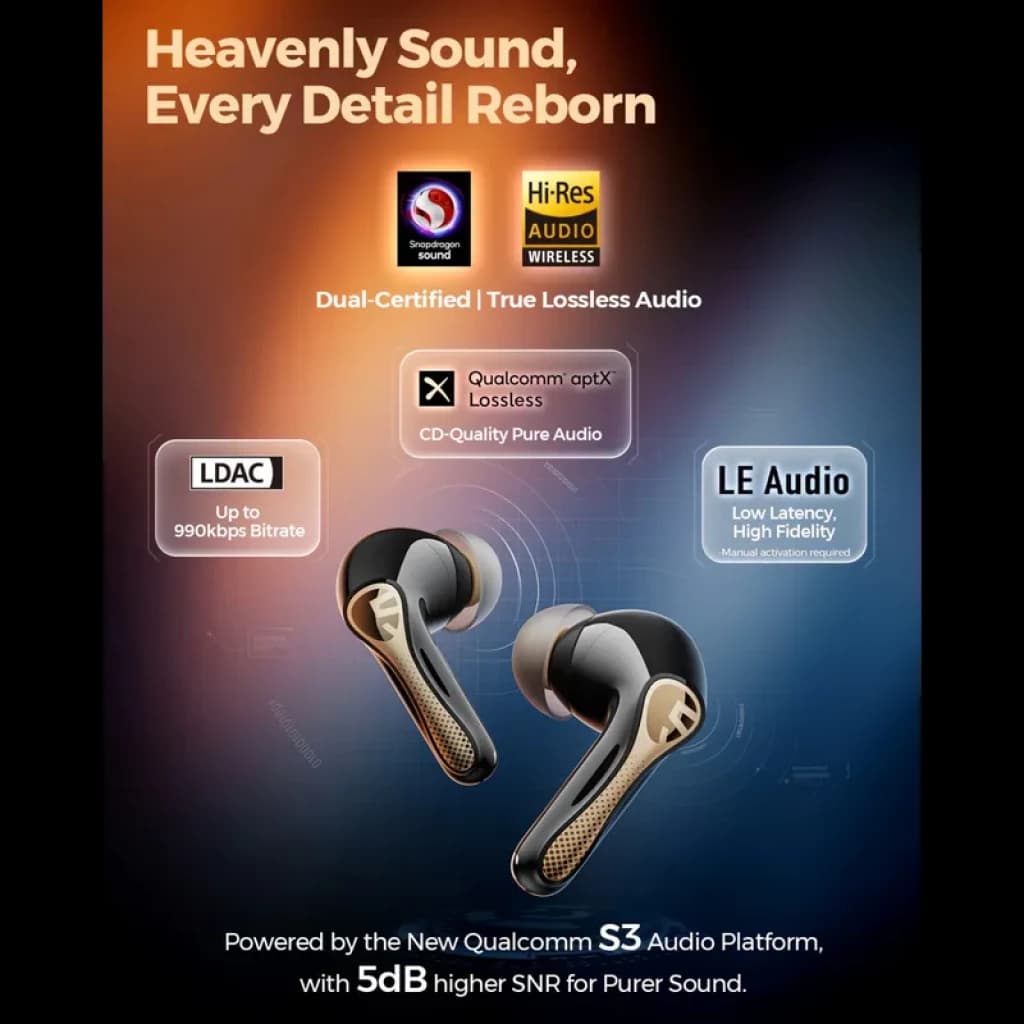 SoundPEATS Air5 Pro+ TWS con drivers xMEMS, aptX Lossless, LDAC, LE Audio y Hi-Res; diseño negro con detalles dorados y vástago corto elegante