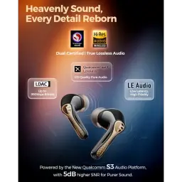 SoundPEATS Air5 Pro+ TWS con drivers xMEMS, aptX Lossless, LDAC, LE Audio y Hi-Res; diseño negro con detalles dorados y vástago corto elegante