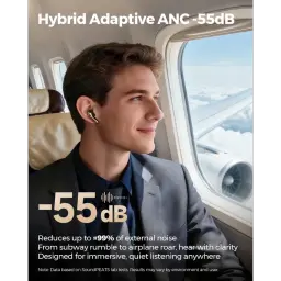 Auricular inalámbrico tipo botón en color negro con vástago corto, ajuste intraaural y acabado brillante; se muestra en uso durante un vuelo con ANC