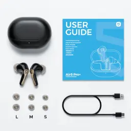 SoundPEATS Air5 Pro+ TWS negros con estuche de carga, drivers xMEMS, puntas L M S intercambiables, cable USB y guía de usuario en caja azul