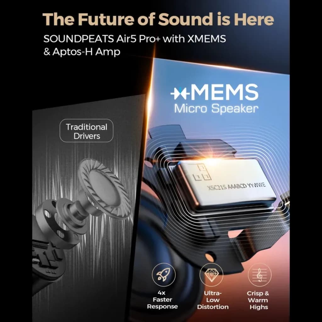 SoundPEATS Air5 Pro+ con drivers xMEMS y aptX Lossless; altavoz micro MEMS, respuesta 4x más rápida, ultra baja distorsión y sonido nítido y cálido