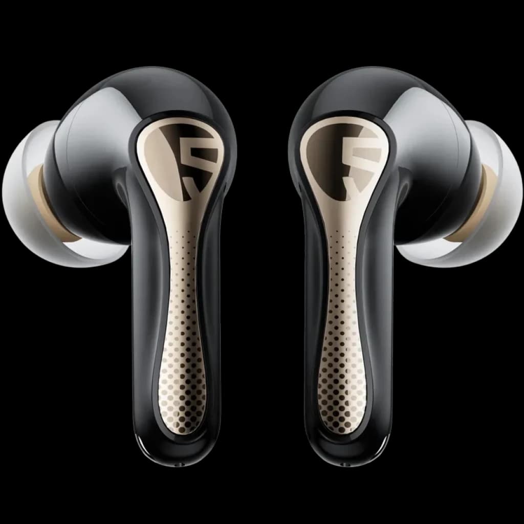 Auriculares TWS negros con detalles dorados y logotipo en gris, diseño intrauditivo con almohadillas de silicona y vástagos perforados de estilo premium