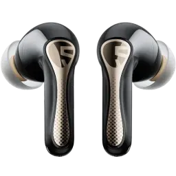 Auriculares TWS negros con detalles dorados y logotipo en gris, diseño intrauditivo con almohadillas de silicona y vástagos perforados de estilo premium