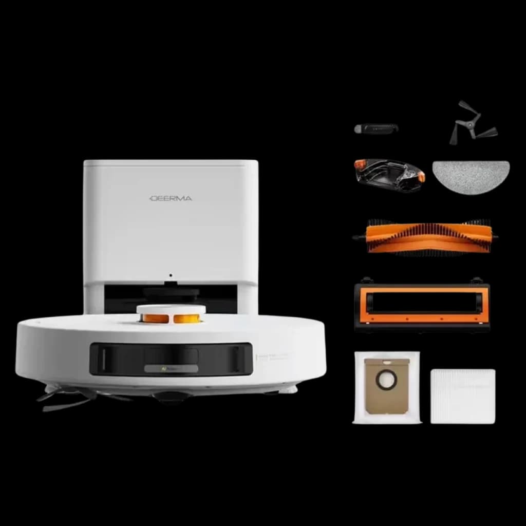 Vista frontal do Deerma S30 Pro Plus e da base de esvaziamento automático com os acessórios incluídos
