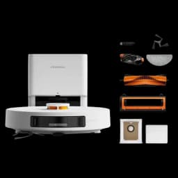 Vista frontal do Deerma S30 Pro Plus e da base de esvaziamento automático com os acessórios incluídos