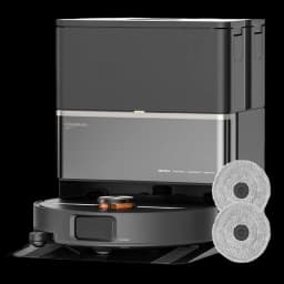 Deerma X80 Ultra, robô circular preto com torre laser, painel frontal prateado, inclui dois panos de limpeza redondos e um depósito de 3 litros