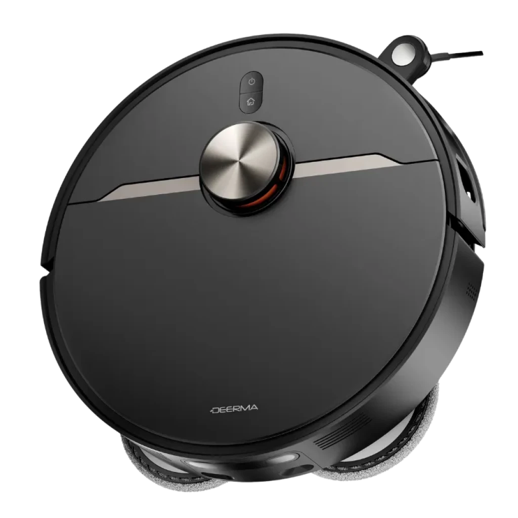Deerma X80 Ultra, robô circular preto com torre laser, painel frontal prateado, inclui dois panos de limpeza redondos e um depósito de 3 litros - Item2
