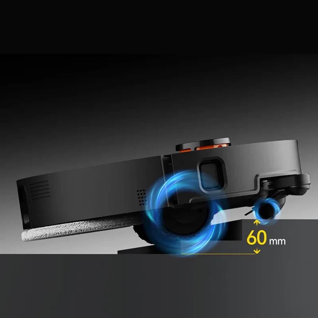 Robô aspirador Deerma X80 Ultra: perfil lateral preto, roda elevável de 60 mm destacada a azul, módulo superior laranja e esfregona visível na base