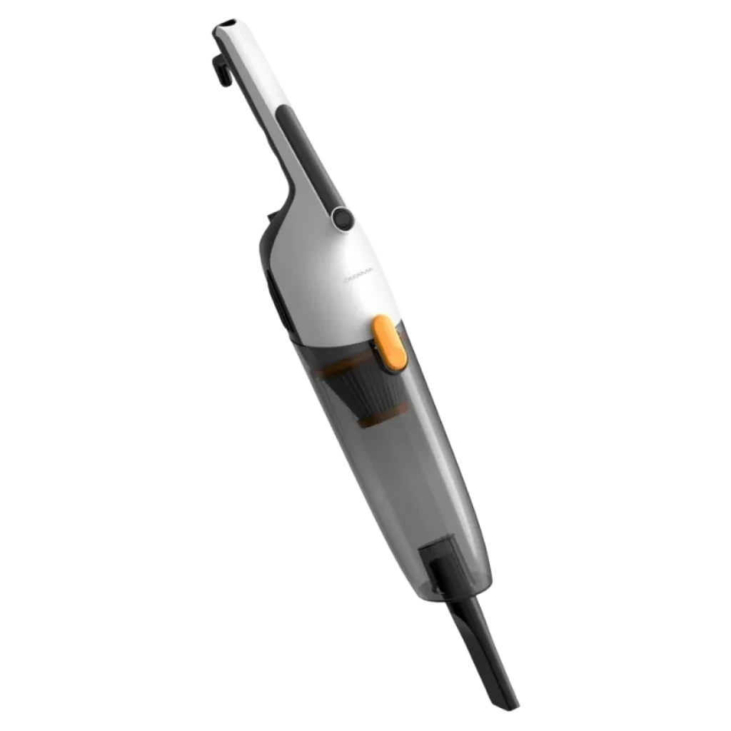 Aspirador vertical branco e cinza com cabo, design slim, reservatório transparente 1,7 L e bocal amplo; destaque para detalhe laranja no corpo - Item1