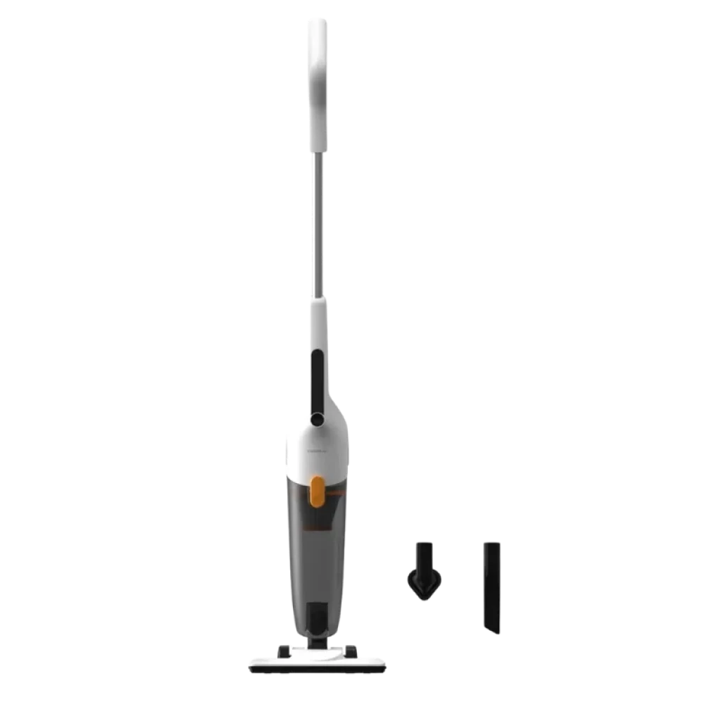 Aspirador vertical branco e cinza com cabo, design slim, reservatório transparente 1,7 L e bocal amplo; destaque para detalhe laranja no corpo - Item2