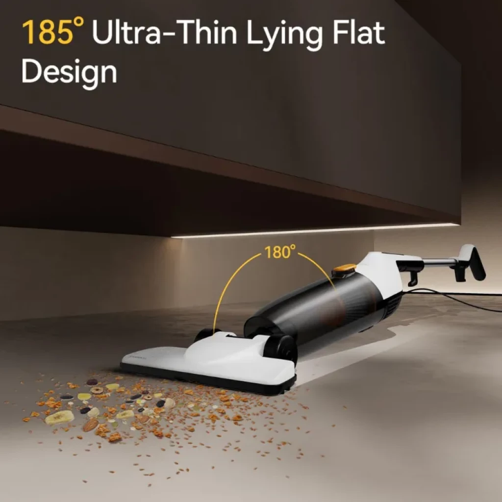 Aspirador vertical branco e cinza com cabo, design slim, reservatório transparente 1,7 L e bocal amplo; destaque para detalhe laranja no corpo - Item3