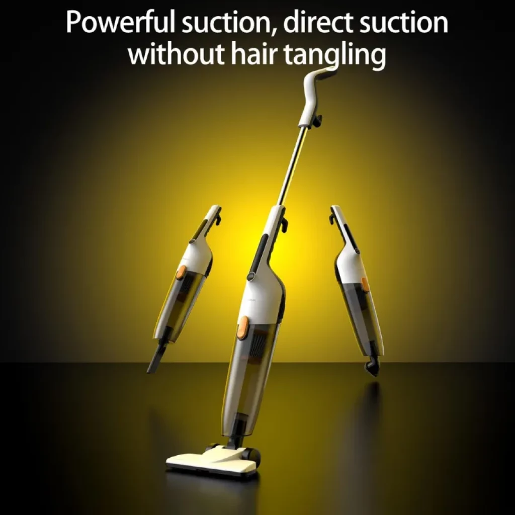 Aspirador vertical branco e cinza com cabo, design slim, reservatório transparente 1,7 L e bocal amplo; destaque para detalhe laranja no corpo - Item4