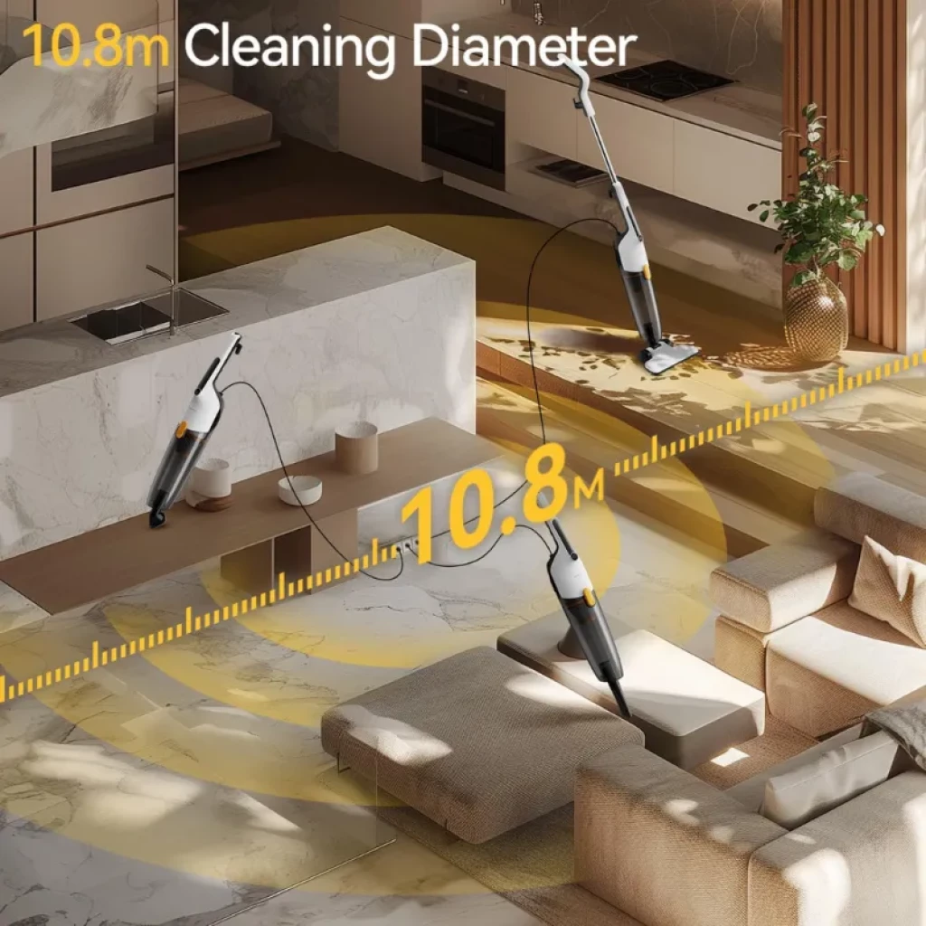 Aspirador vertical branco e cinza com cabo, design slim, reservatório transparente 1,7 L e bocal amplo; destaque para detalhe laranja no corpo - Item5