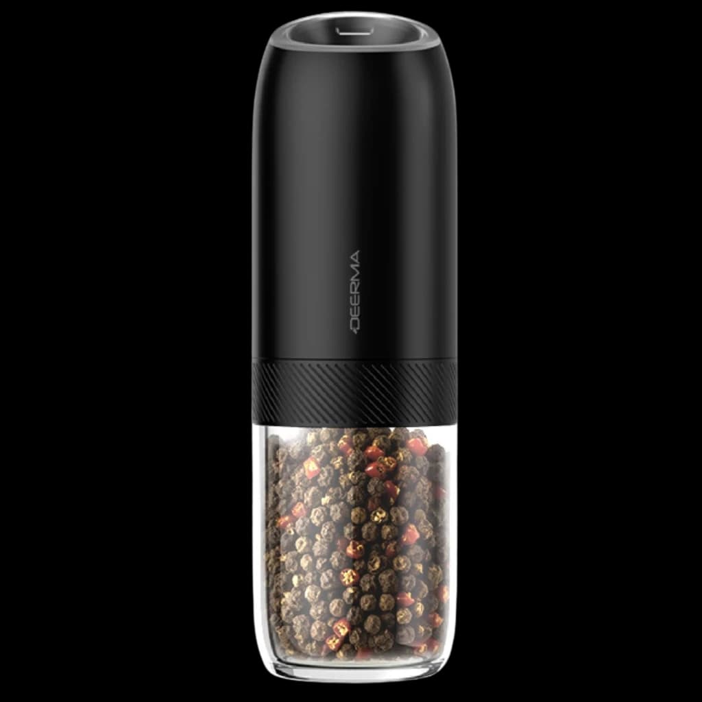 Moulin noir compact Deerma YM01 avec réservoir transparent rempli de grains, corps mat antidérapant, bouton supérieur et design cylindrique moderne