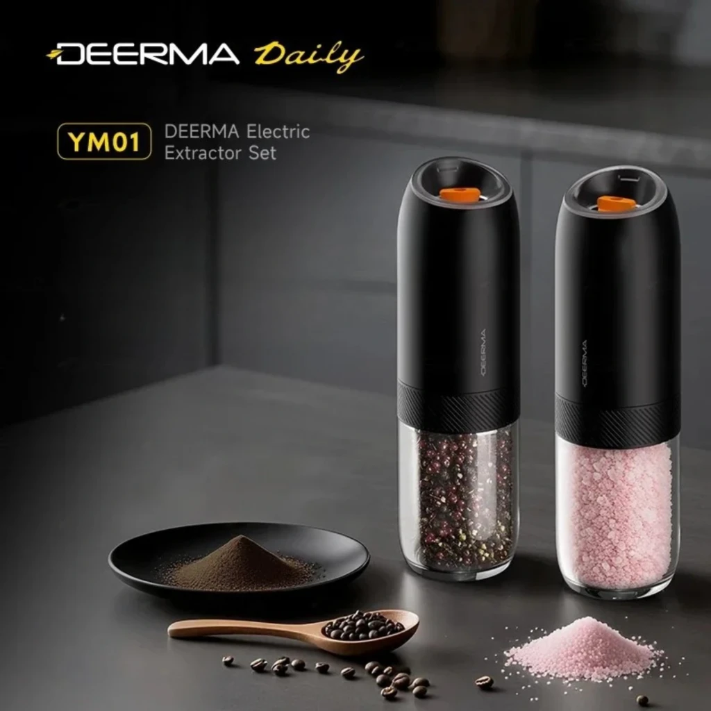 Extrator elétrico de sal Deerma YM01 em preto fosco, corpo superior liso e base transparente com grãos visíveis, botão superior e design cilíndrico - Item1