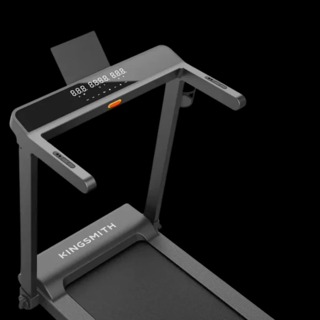 Panel de control del Kingsmith WalkingPad CLS460 con pantalla LED, pasamanos robustos y soporte para tablet; diseño plegable y cinta ancha en color negro