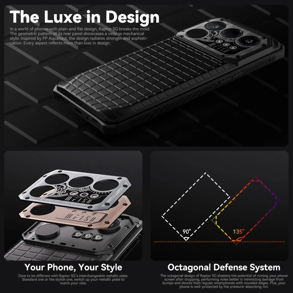 iiiF150 Raptor 5G robusto em preto com traseira texturizada, módulo de câmaras triplo industrial e ecrã AMOLED com leão em cores térmicas vibrantes - Item2