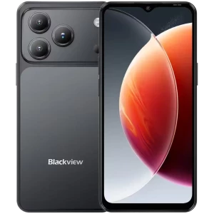Blackview WAVE 7C preto com tela ampla, notch em gota e módulo traseiro triplo destacado; design elegante, bordas finas e acabamento fosco