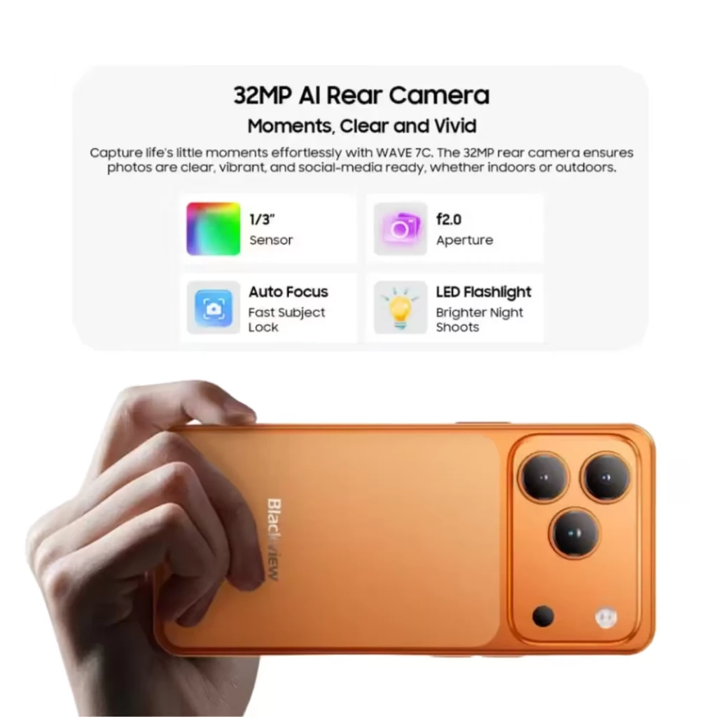 Blackview WAVE 7C preto com tela ampla, notch em gota e módulo traseiro triplo destacado; design elegante, bordas finas e acabamento fosco - Item2