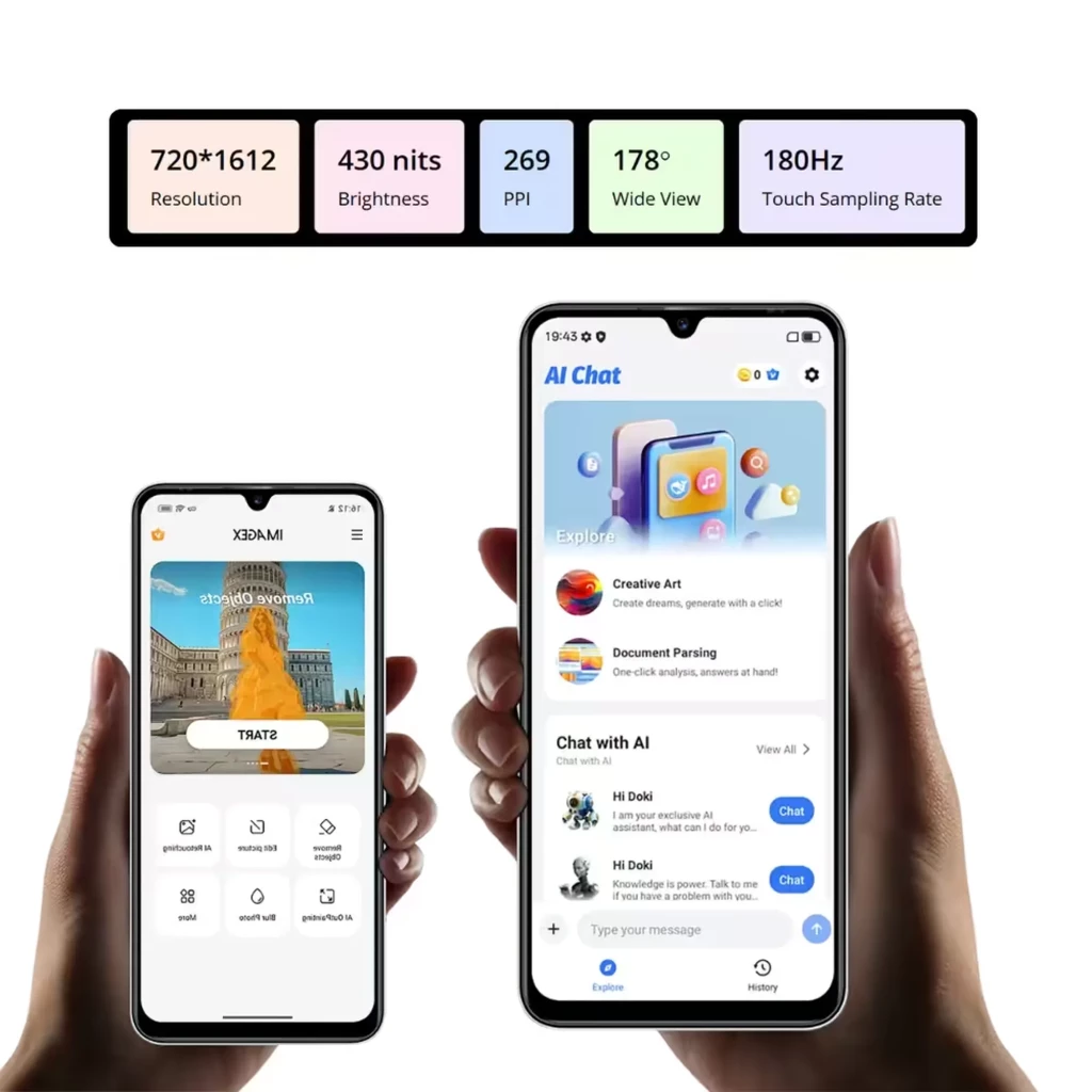 Blackview WAVE 7C preto com tela ampla, notch em gota e módulo traseiro triplo destacado; design elegante, bordas finas e acabamento fosco - Item4
